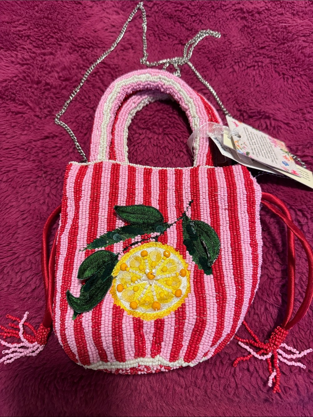 Pink & Red Striped Mini Tote with Lemon Embroidery
